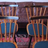 Set of 4  dining chairs splayed legs and petrol blue-green covers, 1960s