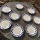 9 small plates, Courville model, Badonviller, made in France, blue geometric patterns