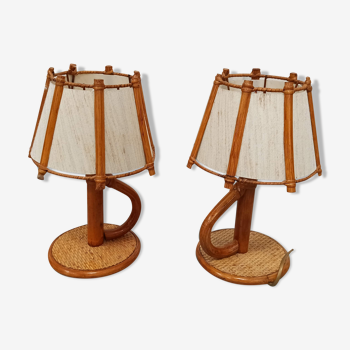 Pair of rattan and bamboo bedside lamps very good condition