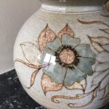 Glazed stoneware ball vase decorated with flowers