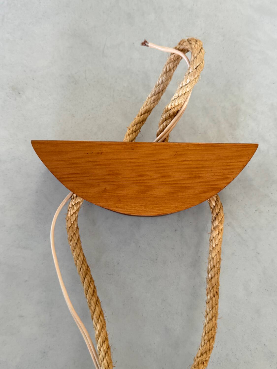 Scandinavian design chandelier pendant, rope, opaline and pine, from the 1980s