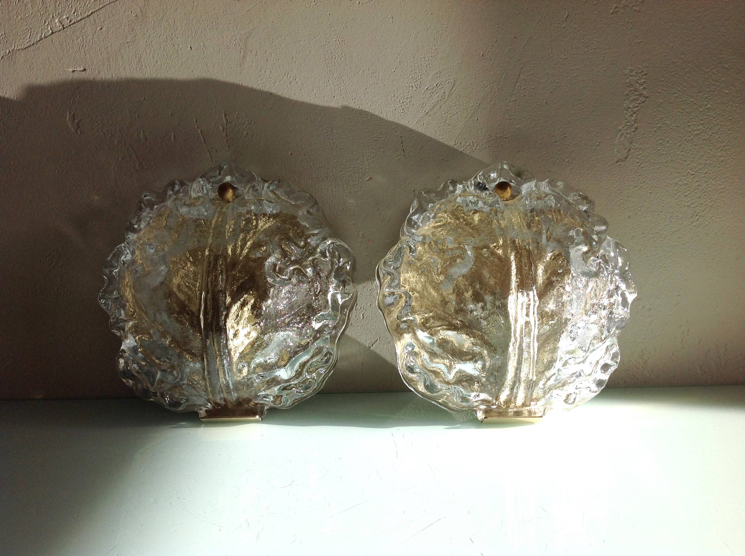 Pair of ice glass and brass wall lights by Limburg / vintage 60s-70s