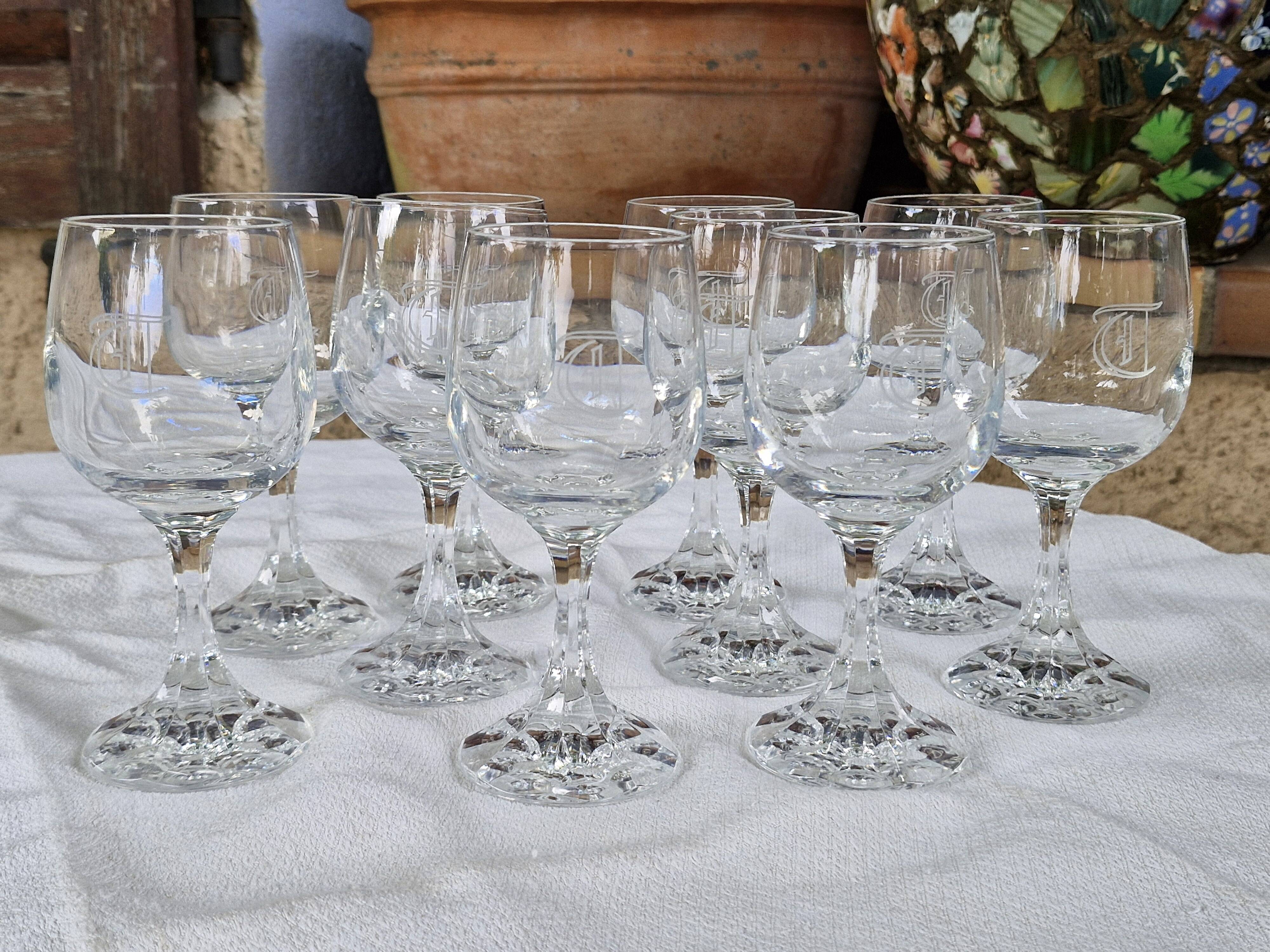 Vintage 10 Large Crystal Glasses - Engraved Logo - Cut Stem - Very Heavy