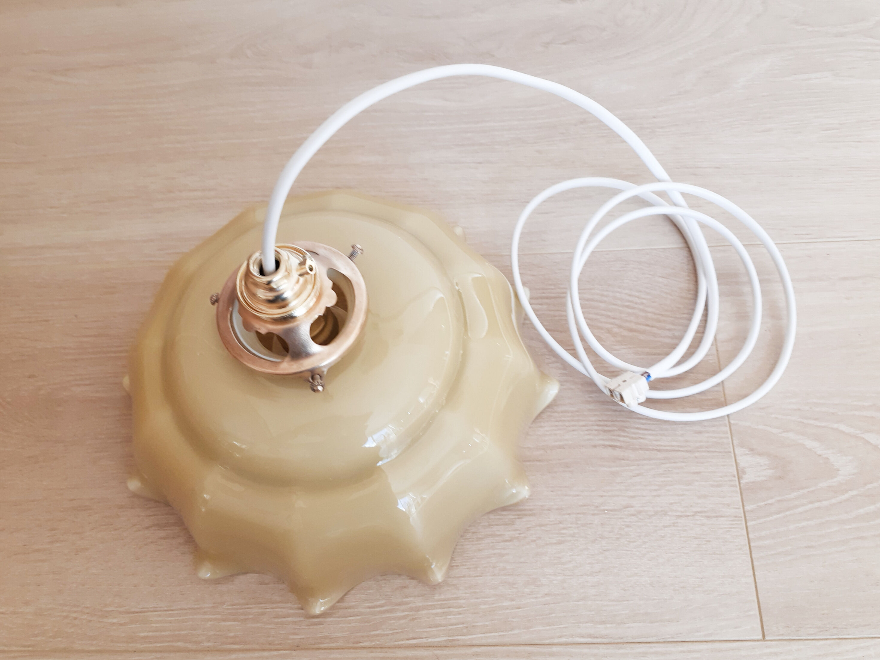 Pendant lamp chandelier, vintage yellow and white glass luminaire, petticoat shape, vintage french