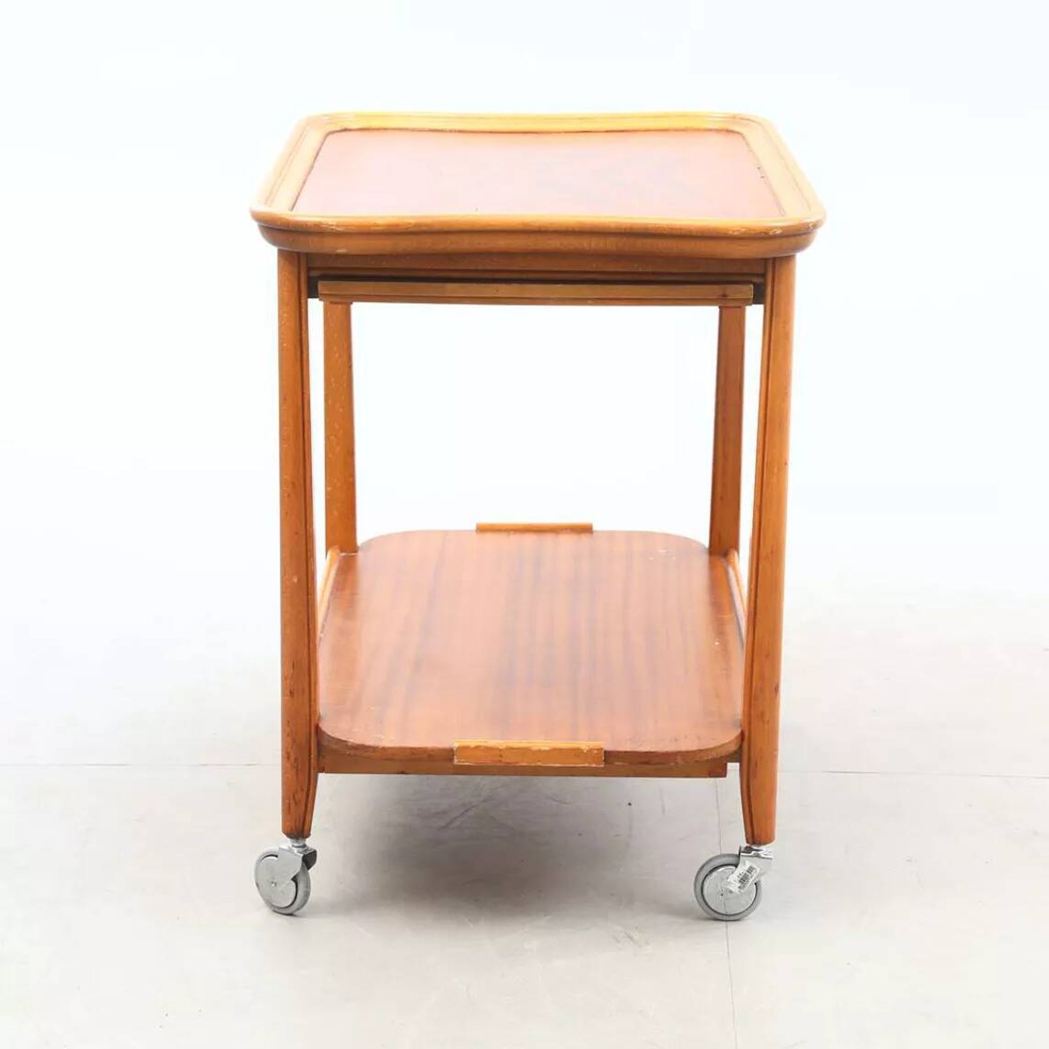 Scandinavian serving table on wheels made of wood and glass, Swedish design 1960.