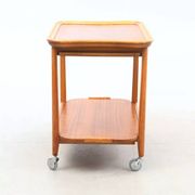Scandinavian serving table on wheels made of wood and glass, Swedish design 1960.
