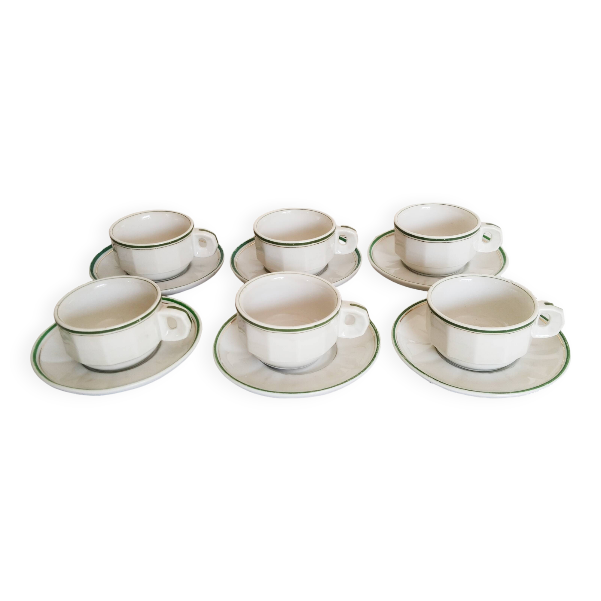 Set of 6 white and green bistro cups, gold rim