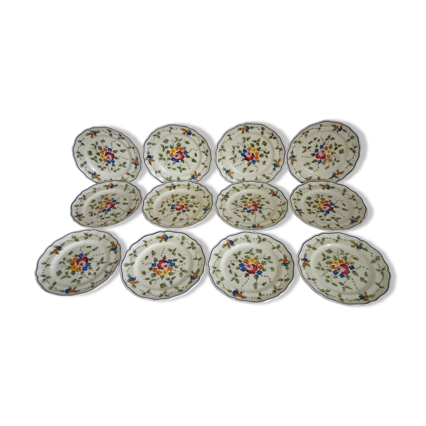 12 old Longchamp dessert plates with floral decoration