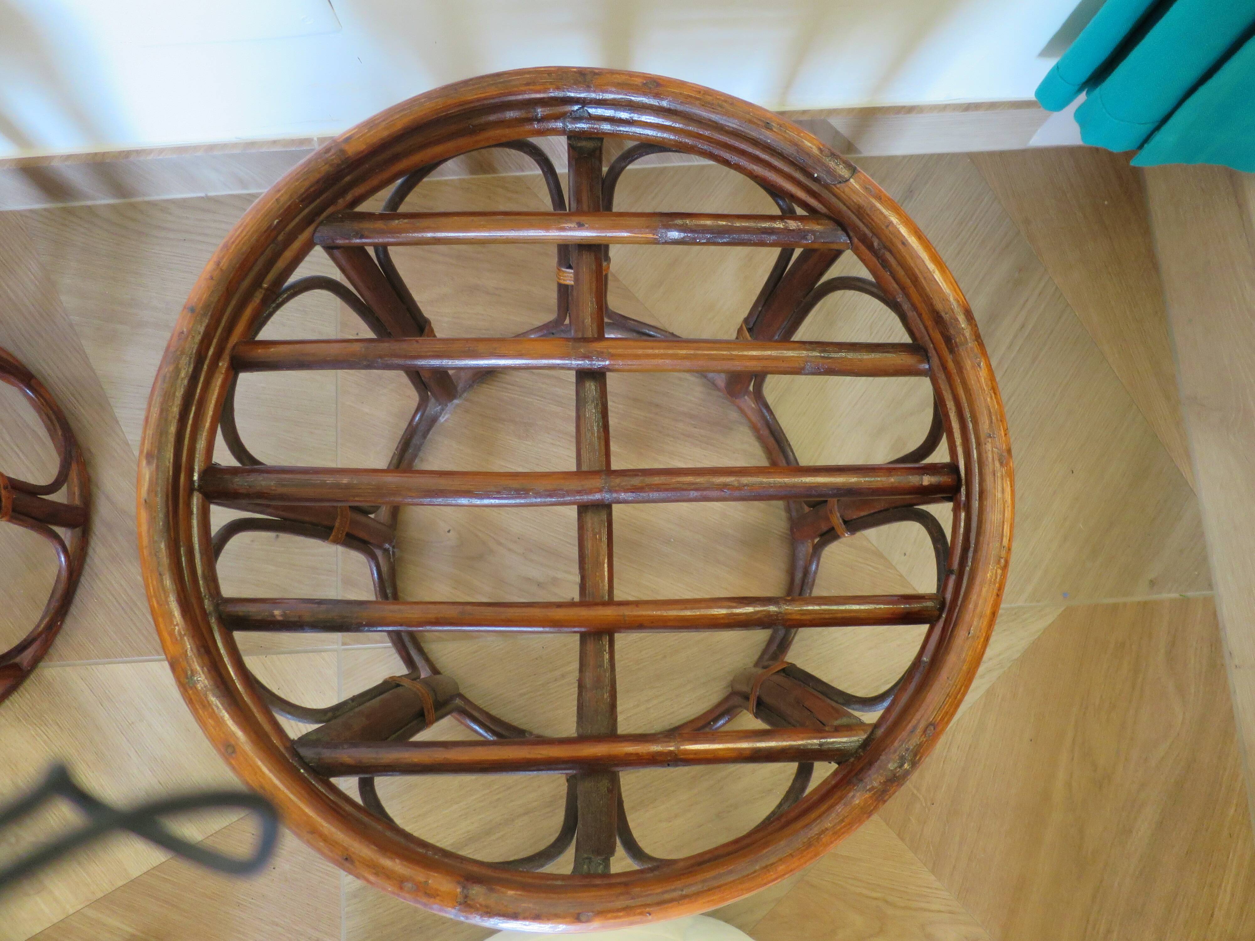 Pretty pair of 2 bamboo and rattan stools with cushions - 80s - Vintage - set of 2
