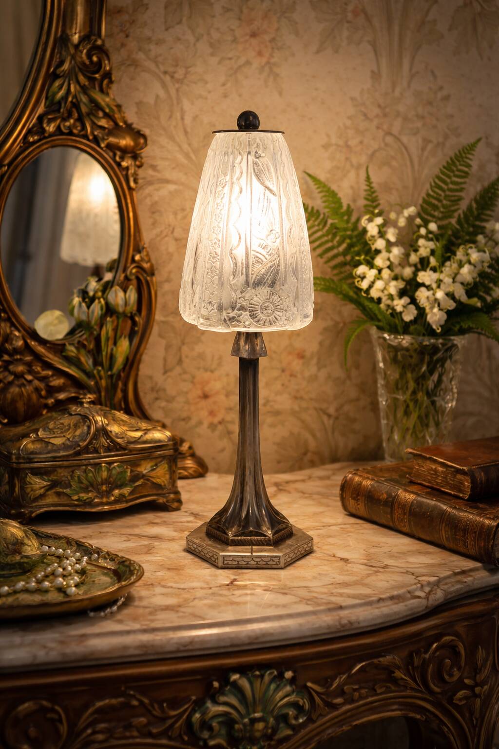 Art Deco table lamp from the 1920s–1930s — Tree trunk base in nickel metal