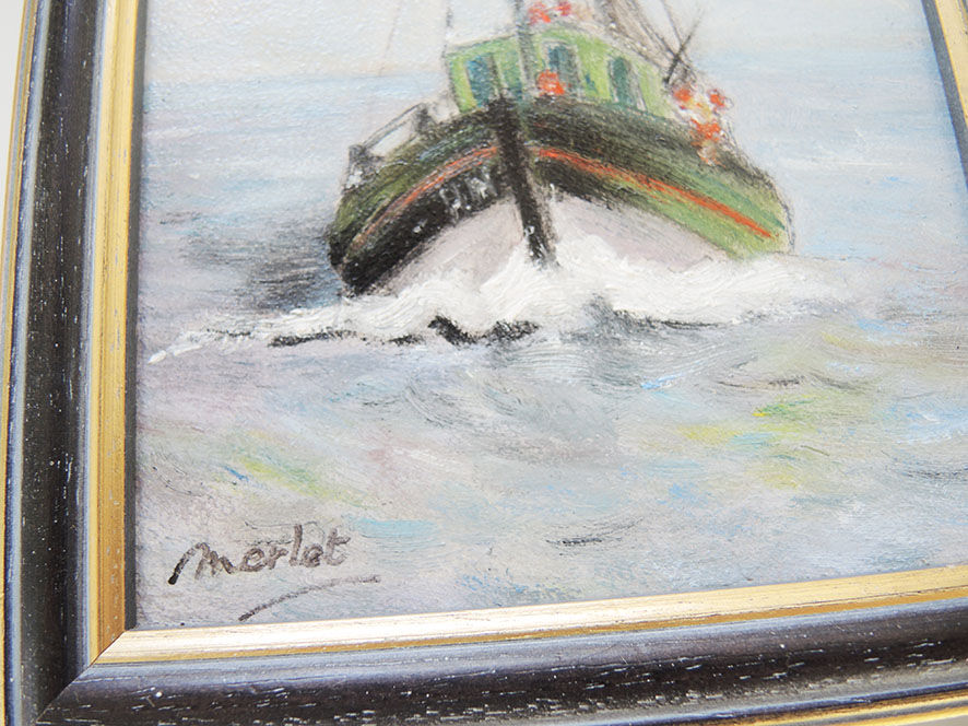 Oil on Wood Framed and Signed Henri Merlet : Fishing Boat of Face