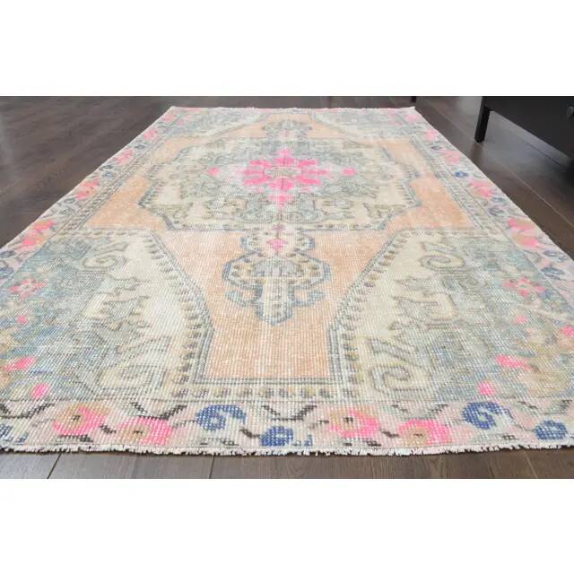 Vintage Turkish Oushak handmade wool cotton orange area rug 125x208