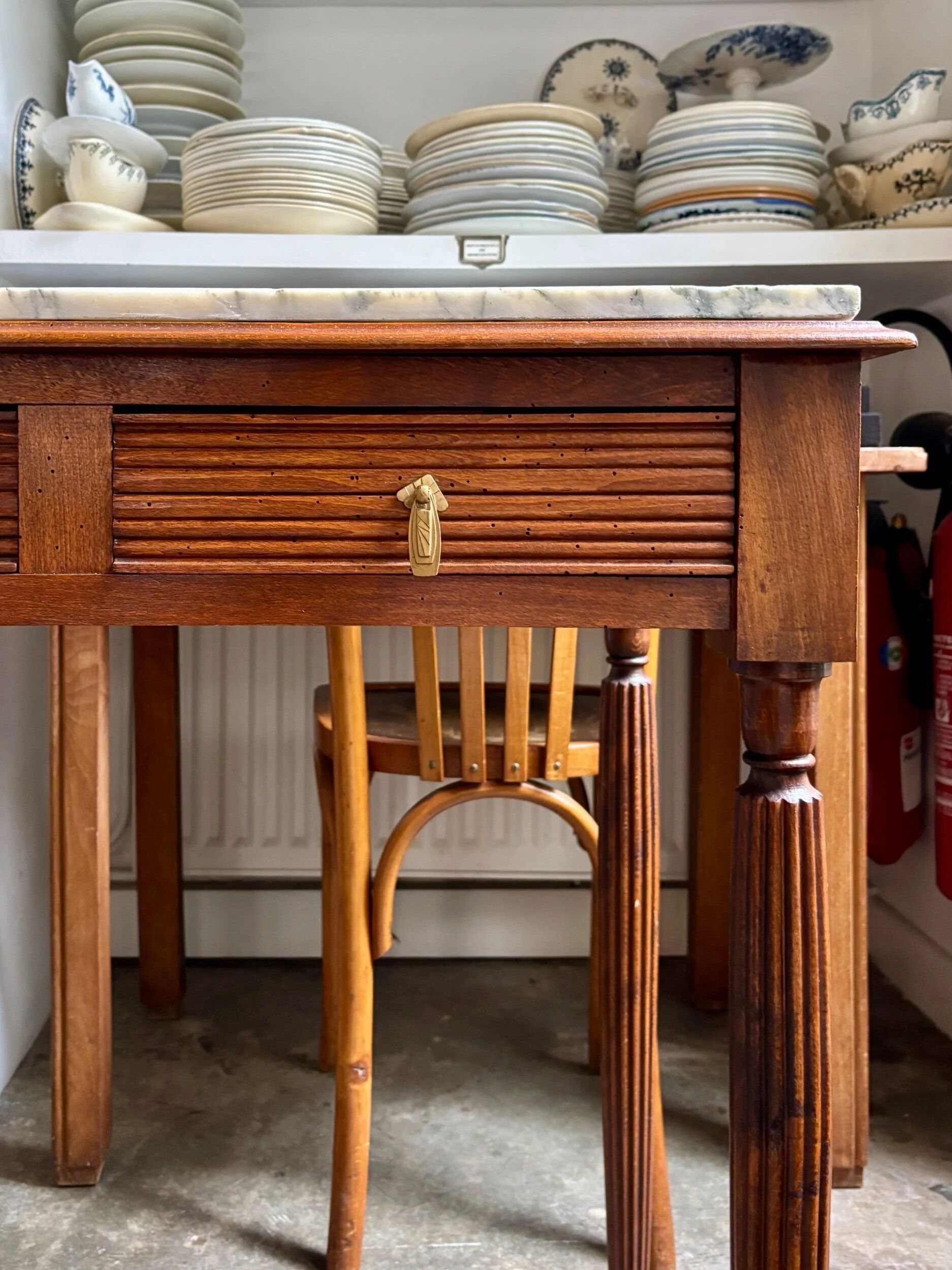 Desk, dark wood and marble side table