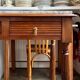 Desk, dark wood and marble side table
