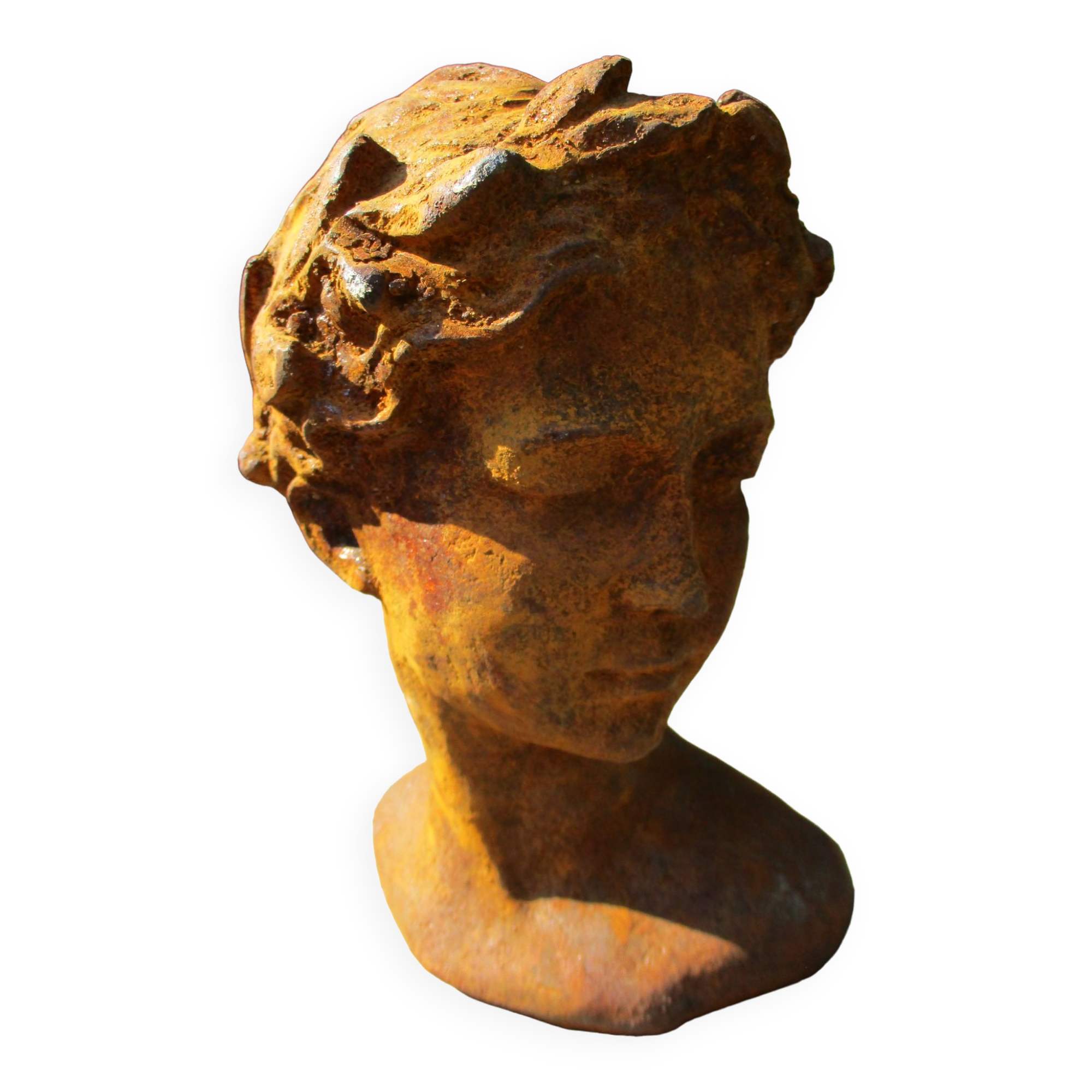 Cast iron sculpture of a woman.
