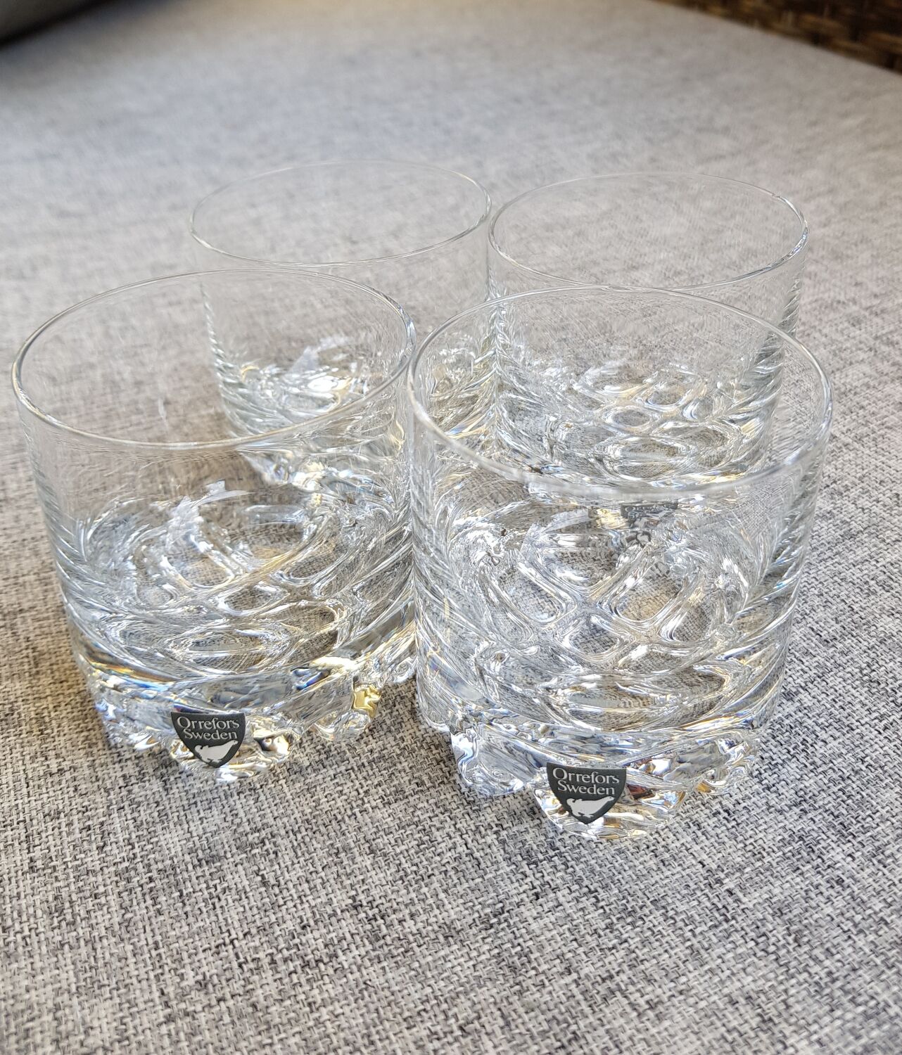 4 vintage Orrefors whiskey glasses designed by Olle Alberius, Sweden 1960s