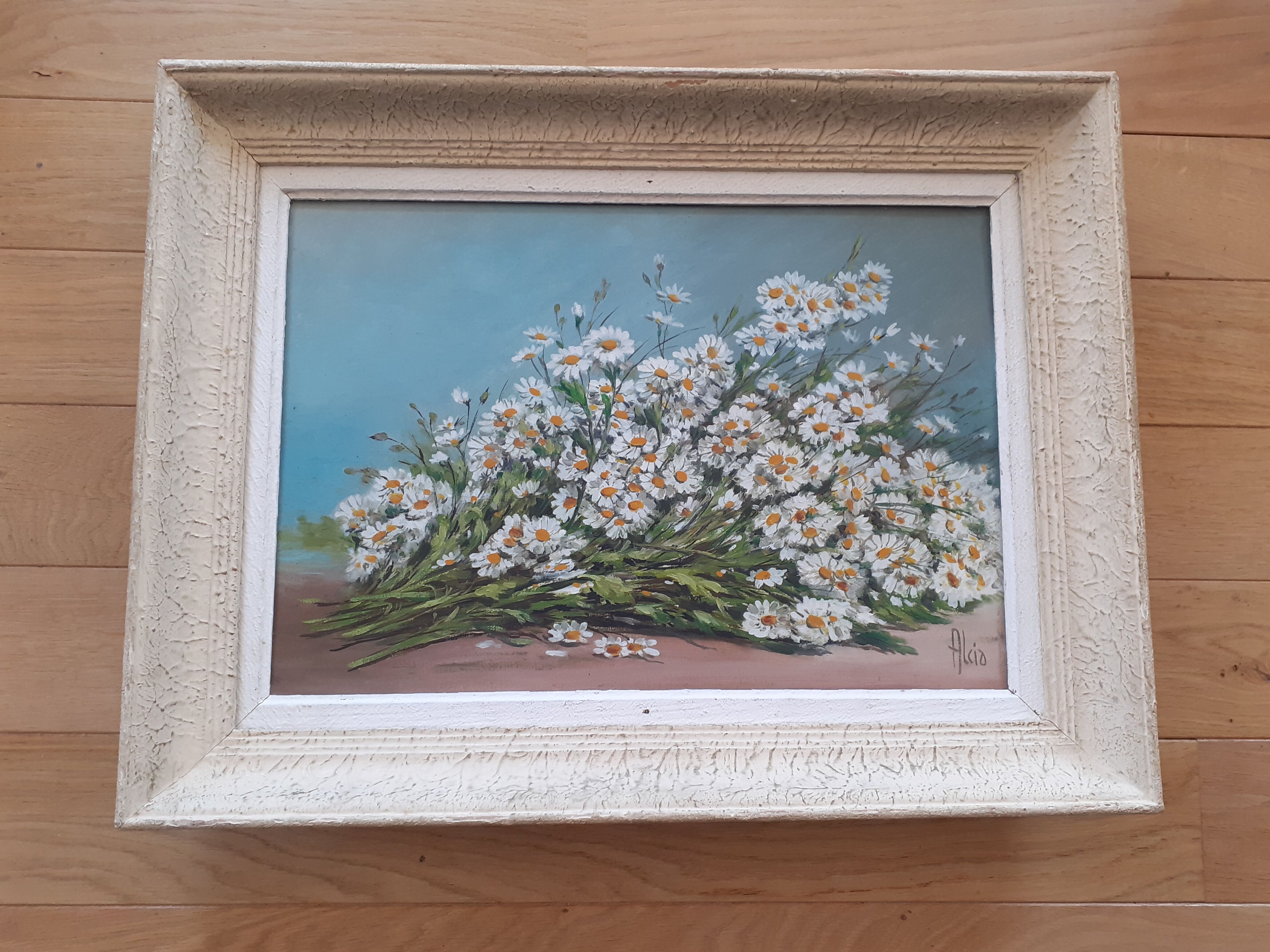 Vintage still life painting with daisies