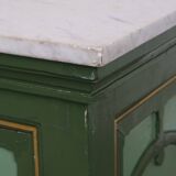 Buffet/comptoir/table d'appoint ancien unique, de couleur verte, datant de la fin du XIXe/début du XXe siècle, avec un plateau en marbre.