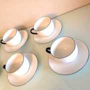 Set of eight white porcelain cups with blue edging / vintage 70s-80s
