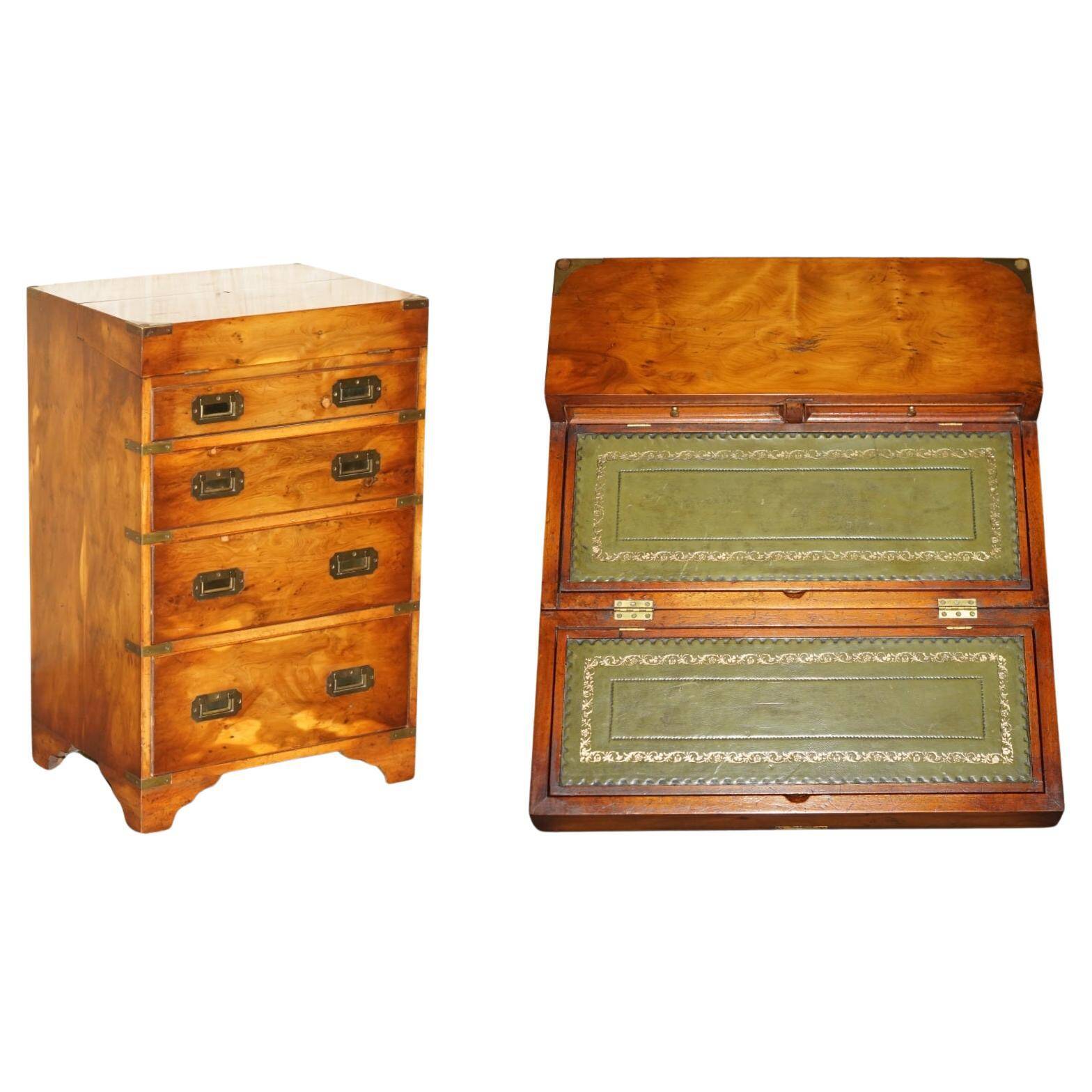 Military desk Harrods in Burr Yew wood with leather, country style.