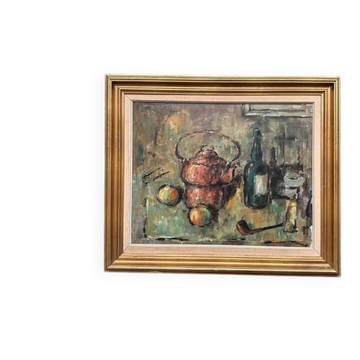 Original Swedish Oil on Canvas – “Still Life with Copper Kettle” – Signed – Dated 1967 – Vintage & Framed