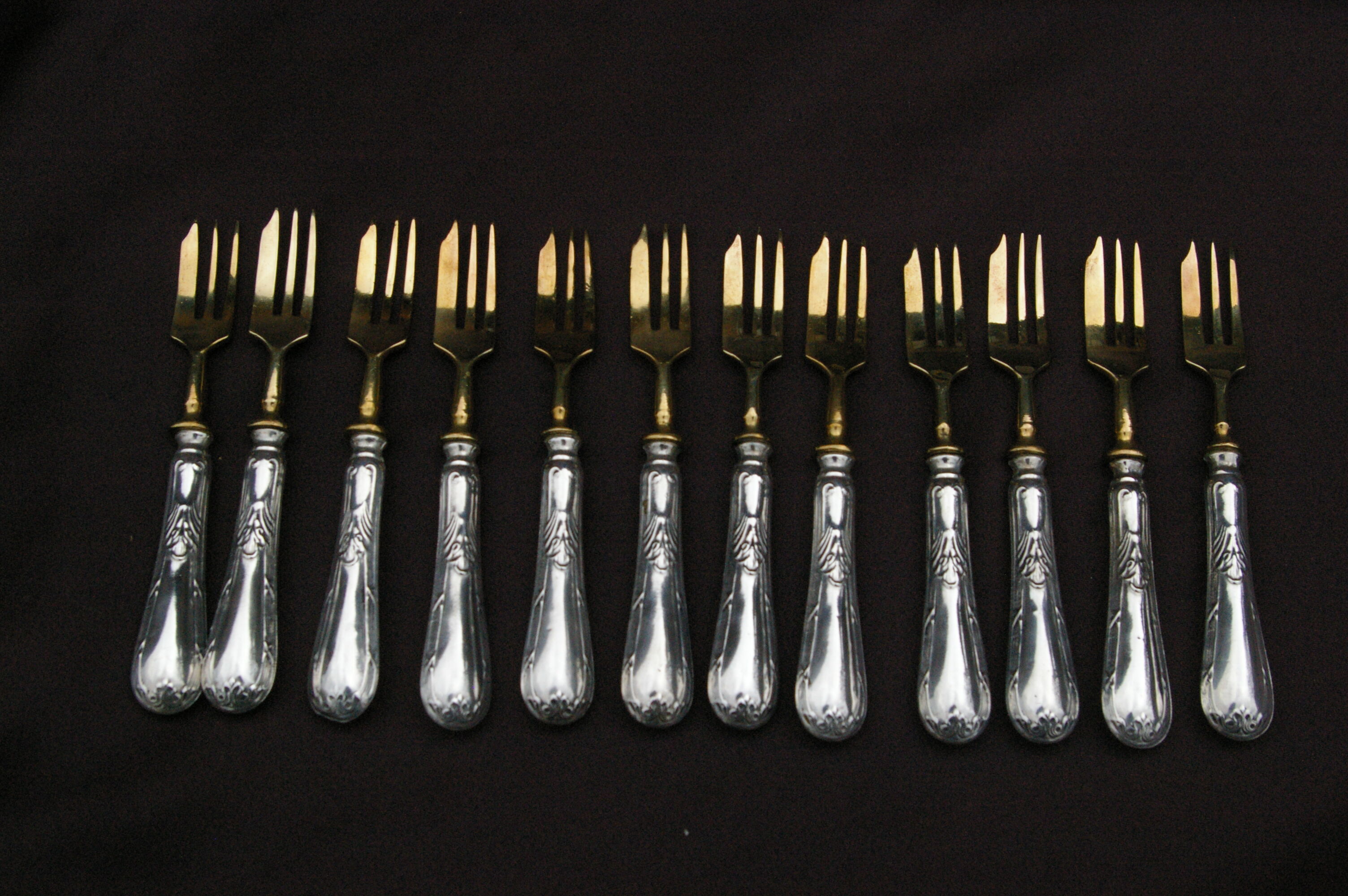12 Cake Forks Silver Metal and Golden Blades Louis XVI Style