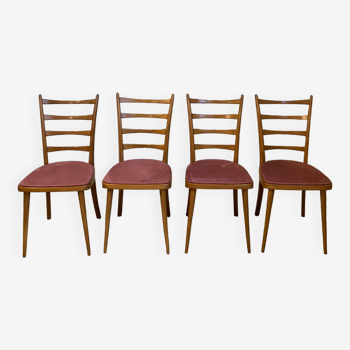 Ensemble de 4 chaises vintages style scandinave assise velours vieux rose
