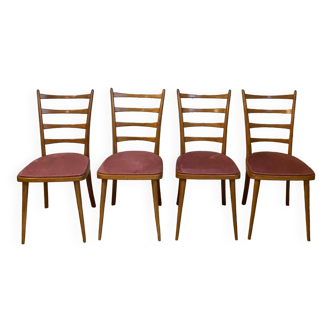 Set of 4 vintage Scandinavian style chairs with old pink velvet seat