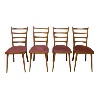 Ensemble de 4 chaises vintage style scandinave assise velours vieux rose