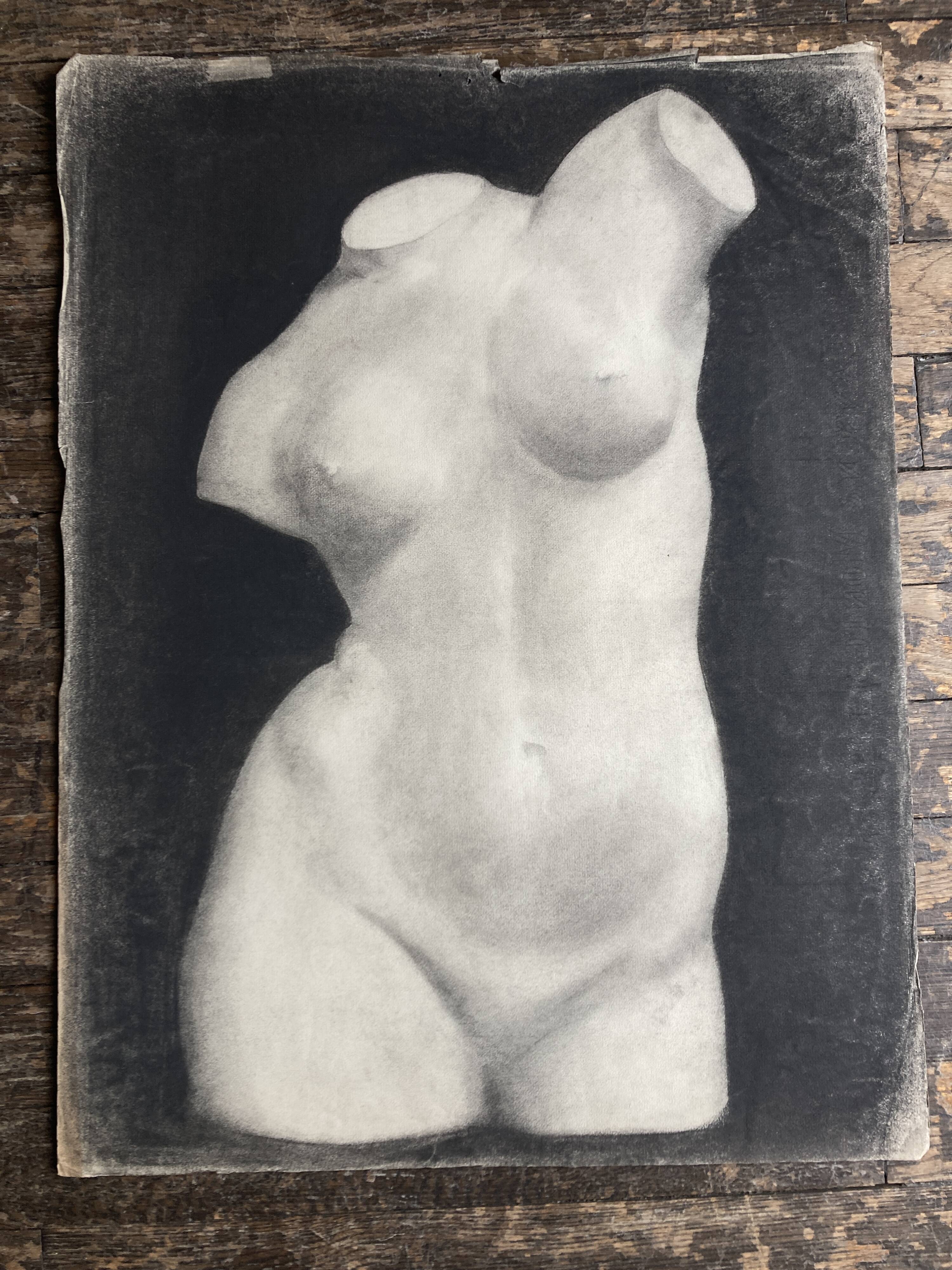 Neoclassical bust of Diana, academic charcoal drawing from the studio, 1925
