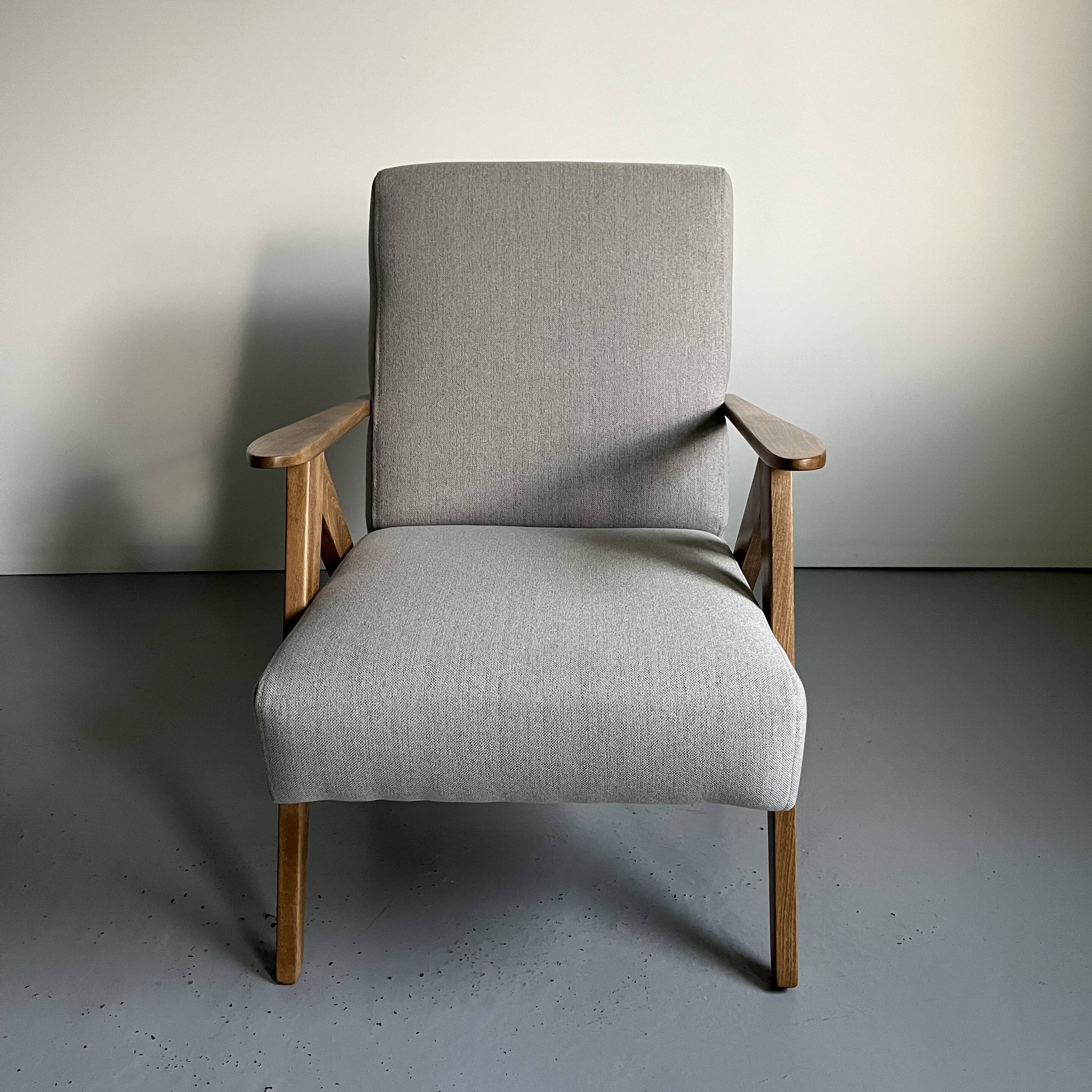 Vintage Mid Century Modern Armchair: Grey Fabric & Beech Wood Frame