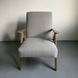 Vintage Mid Century Modern Armchair: Grey Fabric & Beech Wood Frame