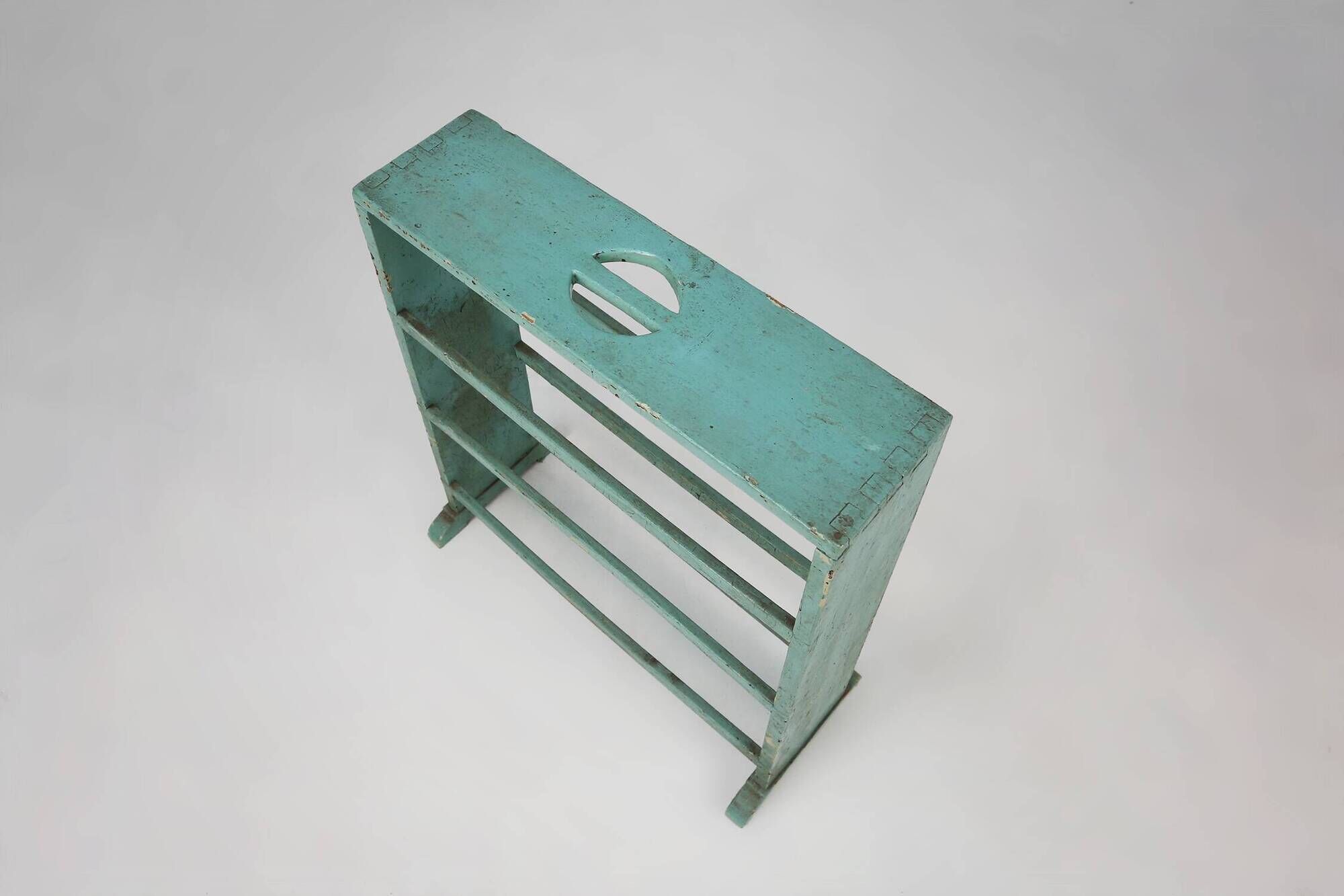 Industrial small mint-colored rack or bookcase with 4 shelves and beautiful patina, Belgium, 1920s