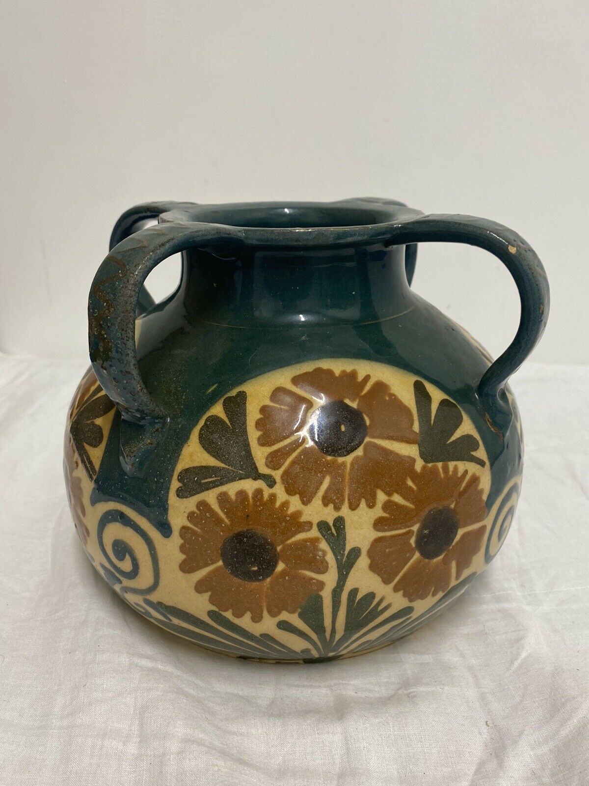 Vase Elchinger ceramic 4 detached handles polychrome floral decoration