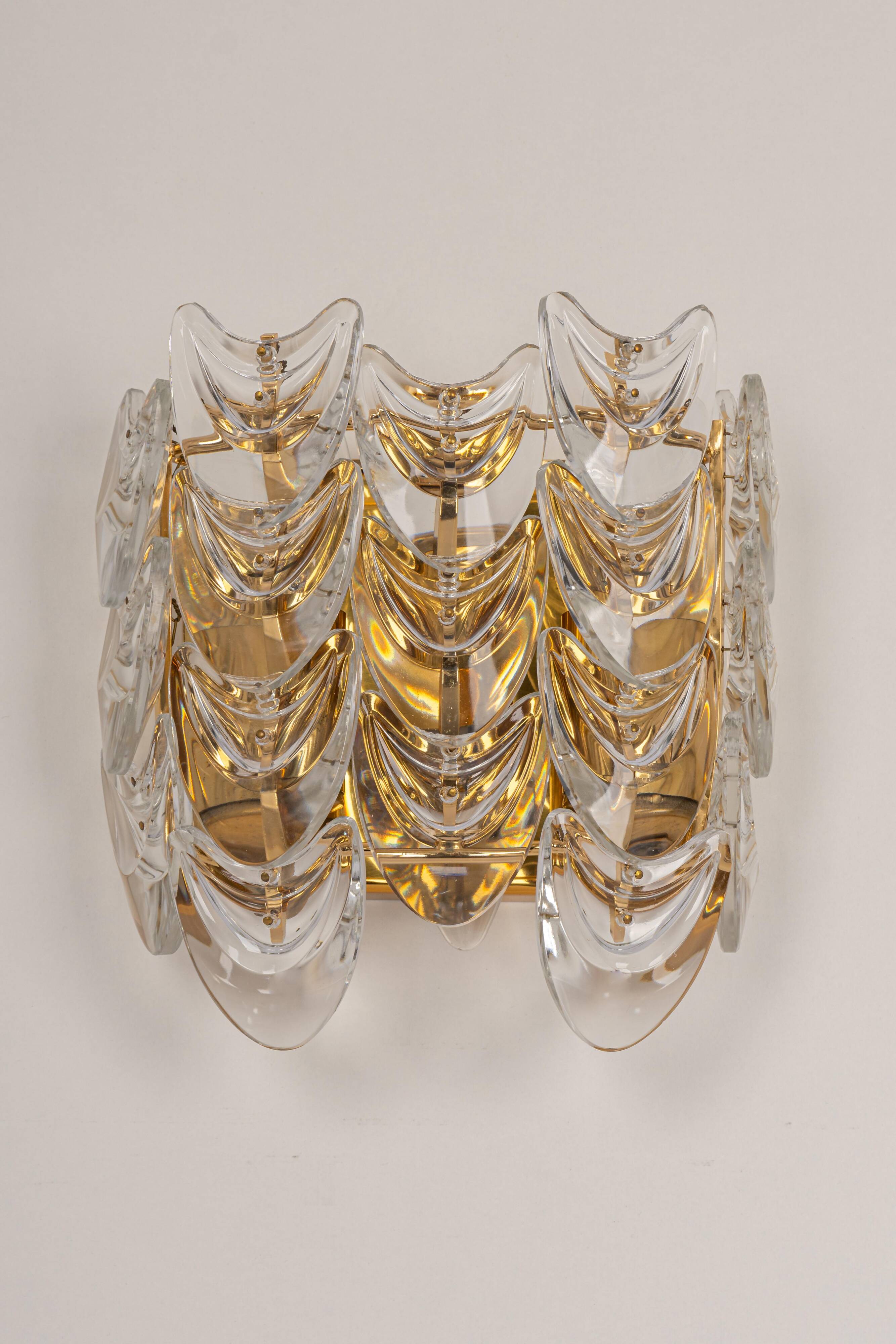 Pair of wall sconces in gilded brass and crystal, Sciolari design, Palwa, Germany, 1960s.