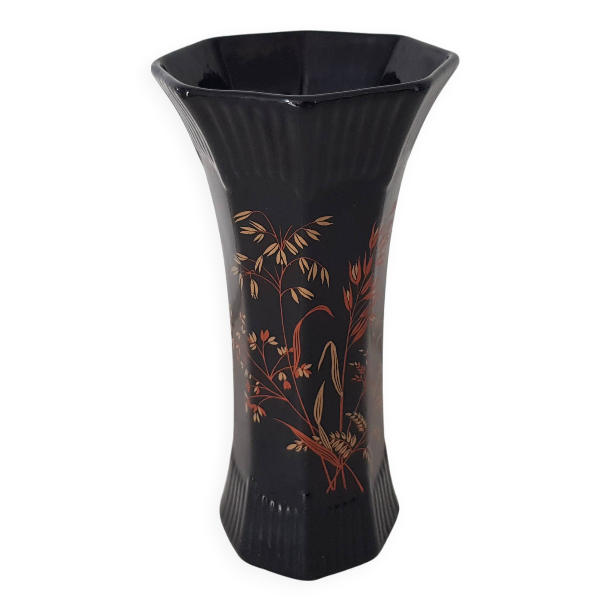 Black octagonal ceramic vase with floral pattern - Signed St Clément - vintage