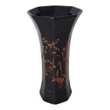 Black octagonal ceramic vase with floral pattern - Signed St Clément - vintage