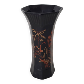 Black octagonal ceramic vase with floral pattern - Signed St Clément - vintage