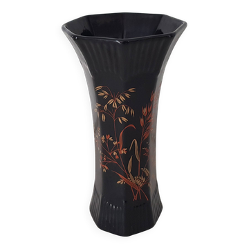 Vase octagonal Noir en céramique motif Floral - Signé St Clément - vintage