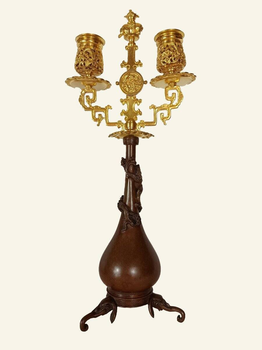 Pair of Japanese-style Candelabra by Ferdinand Barbedienne and Edouard Lievre.