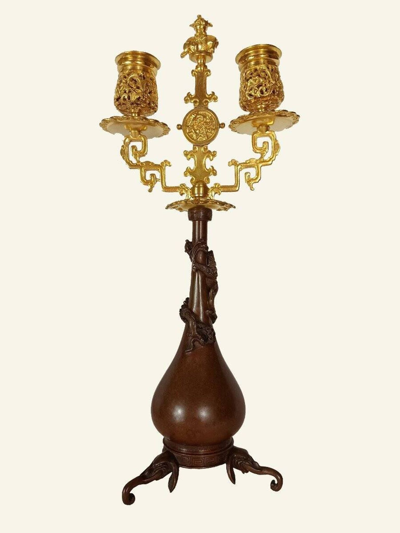 Pair of Japanese-style Candelabra by Ferdinand Barbedienne and Edouard Lievre.
