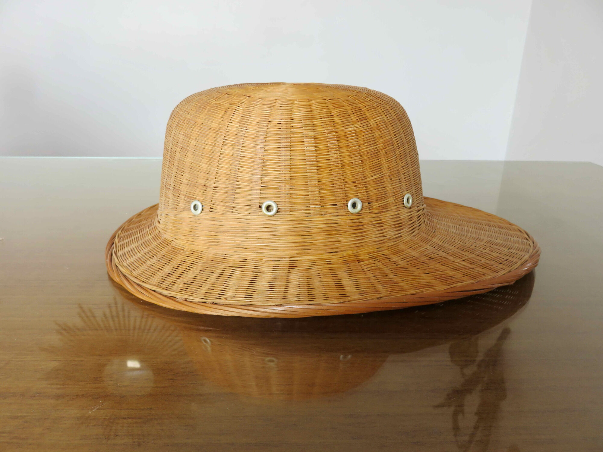 Hat, colonial rattan helmet, wicker 70s
