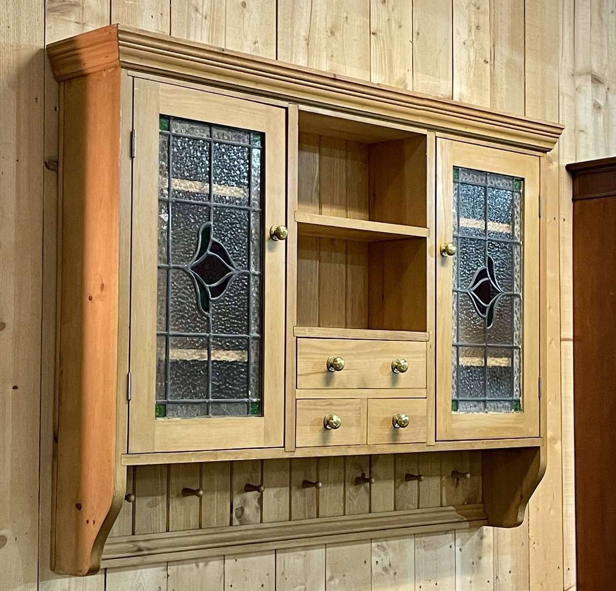 English wall cabinet in fir with old stained glass windows - 1980s