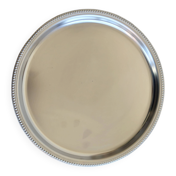 Plateau rond vintage métal argenté liseré perles