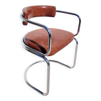 Fauteuil chrome et simili cognac 1970