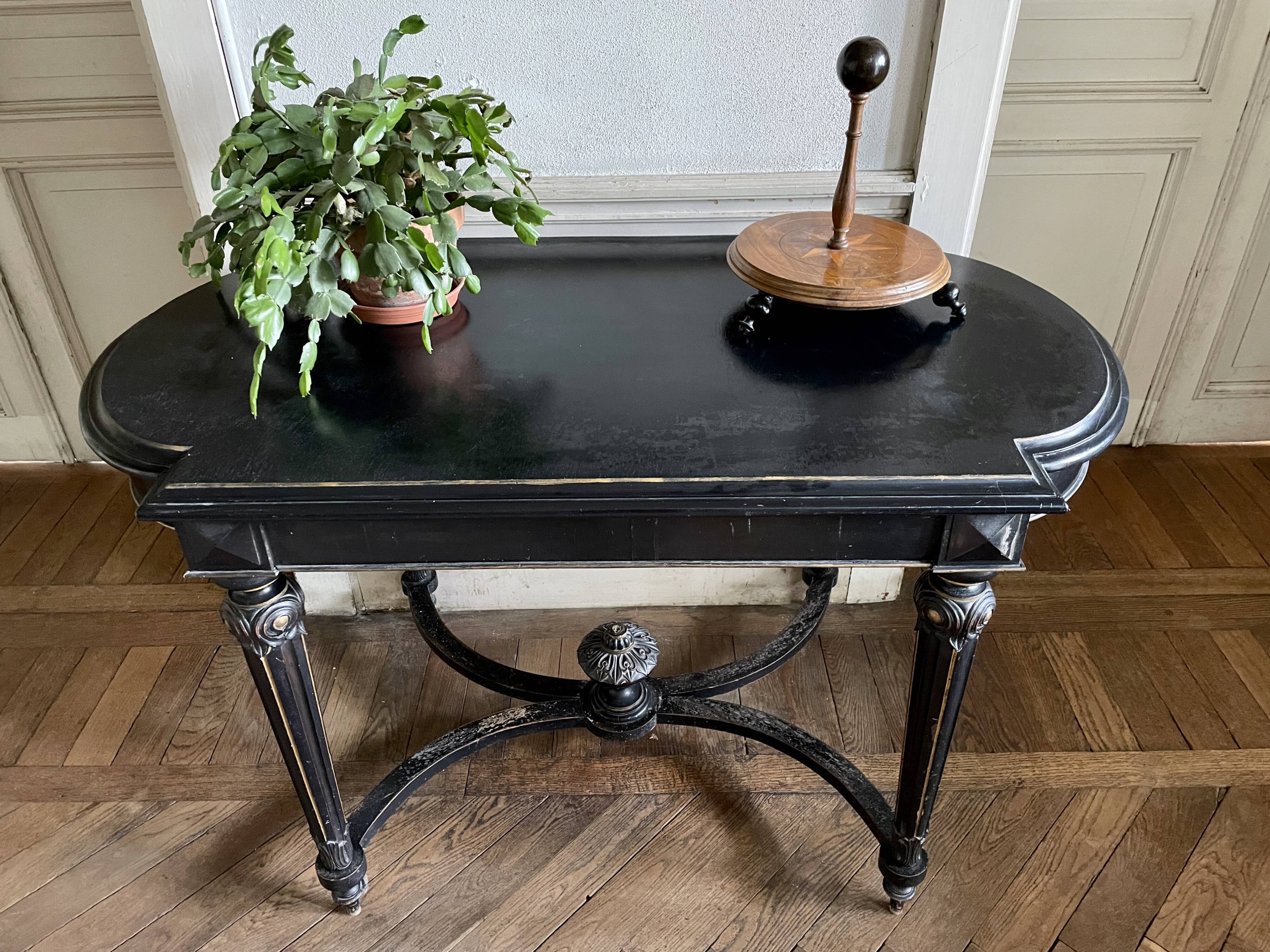 Table Pedestal table Napoleon III XIXth in black and gilded wood
