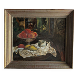 Oil on canvas 20th century still life with fruit and cloth, whitewashed frame