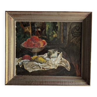 Oil on canvas 20th century still life with fruit and cloth, whitewashed frame