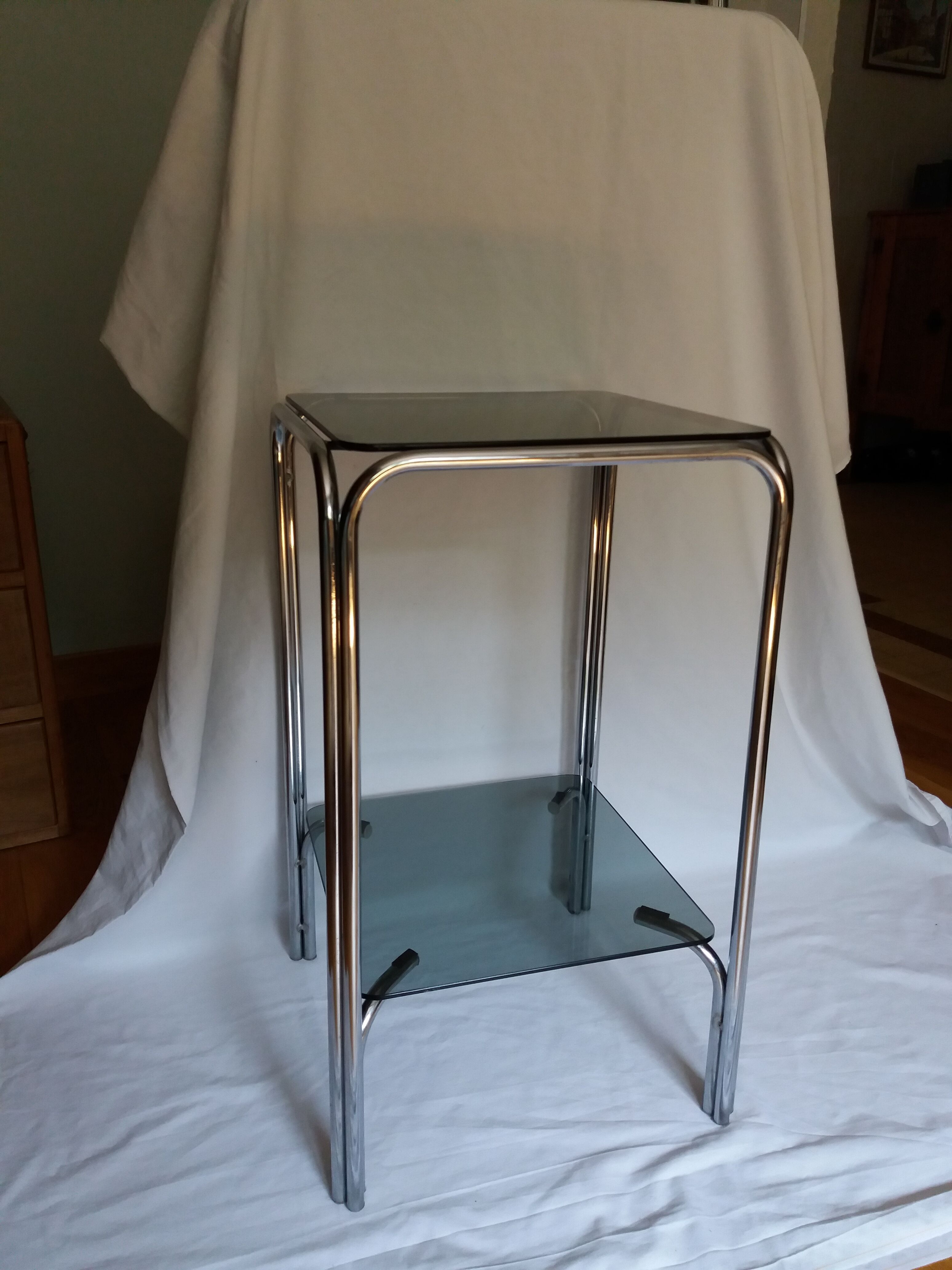 Console end table in chrome metal and smoked glass Space Age