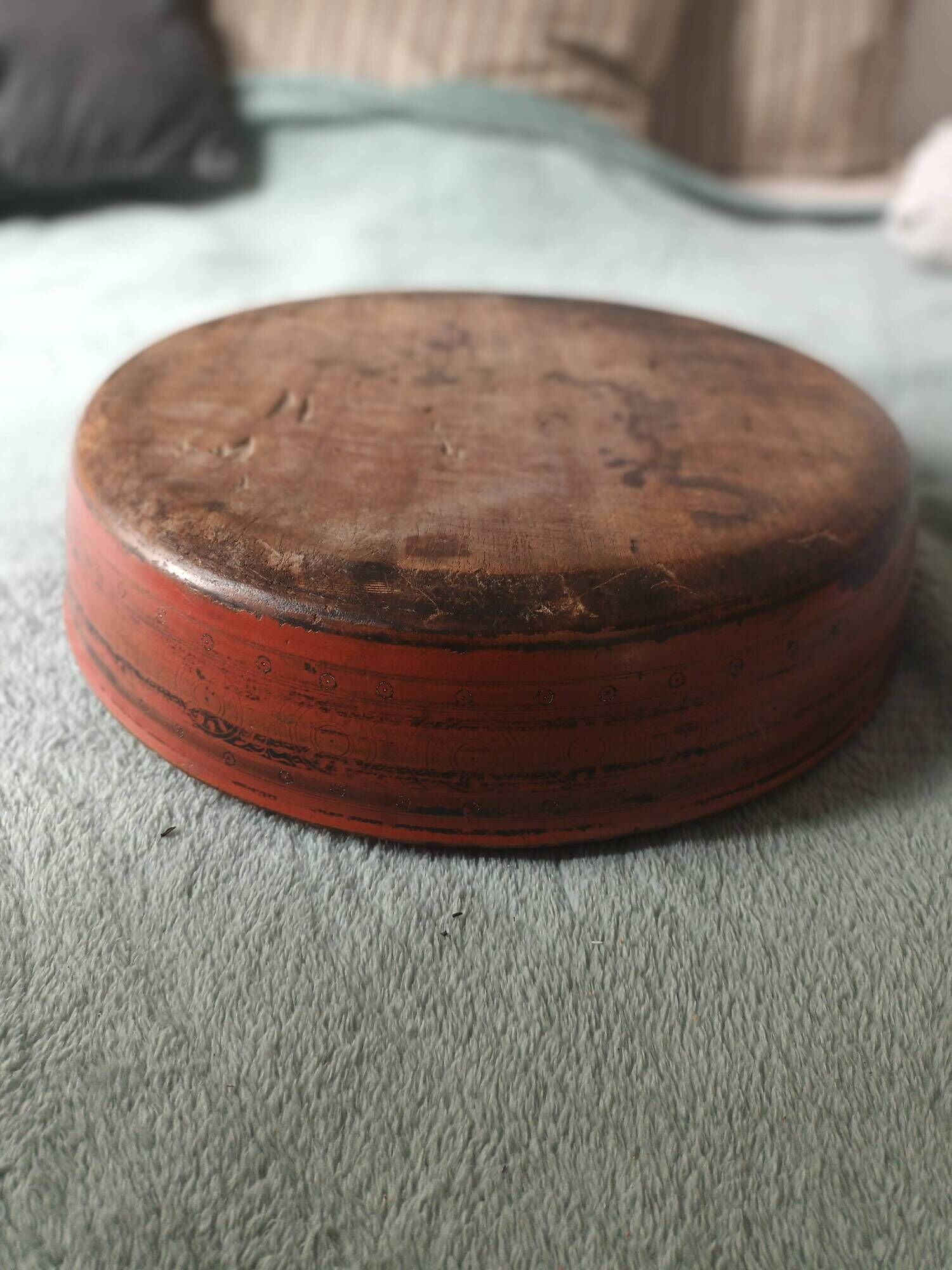 Large antique lacquered wooden Chapati box, ethnic offering box 35cm